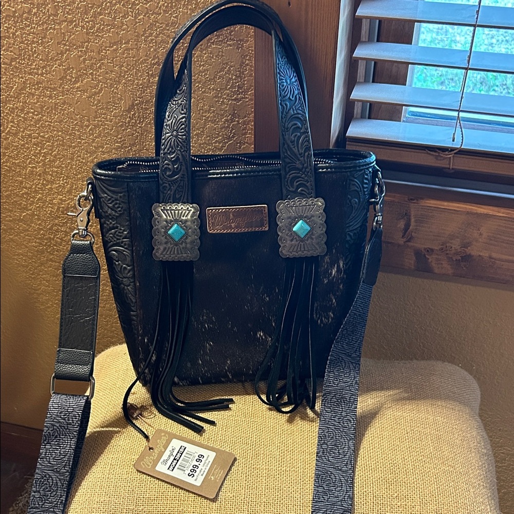 NWT Wrangler Black Leather Fringe Handbag